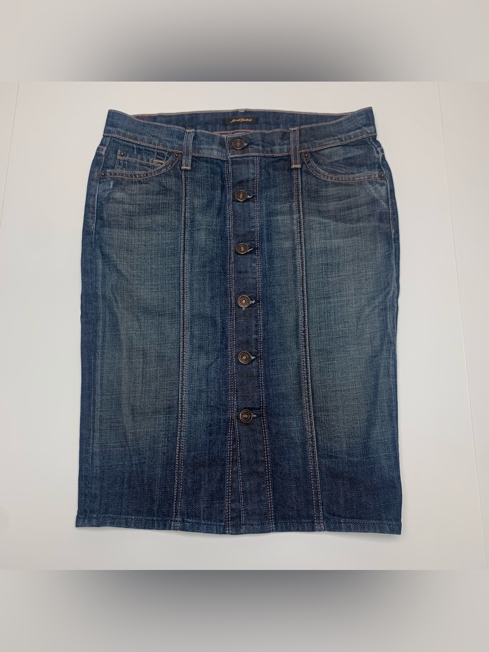 7 For All Mankind Pencil Skirt Y2k Blue Denim Full Button Midi Womens Size 26